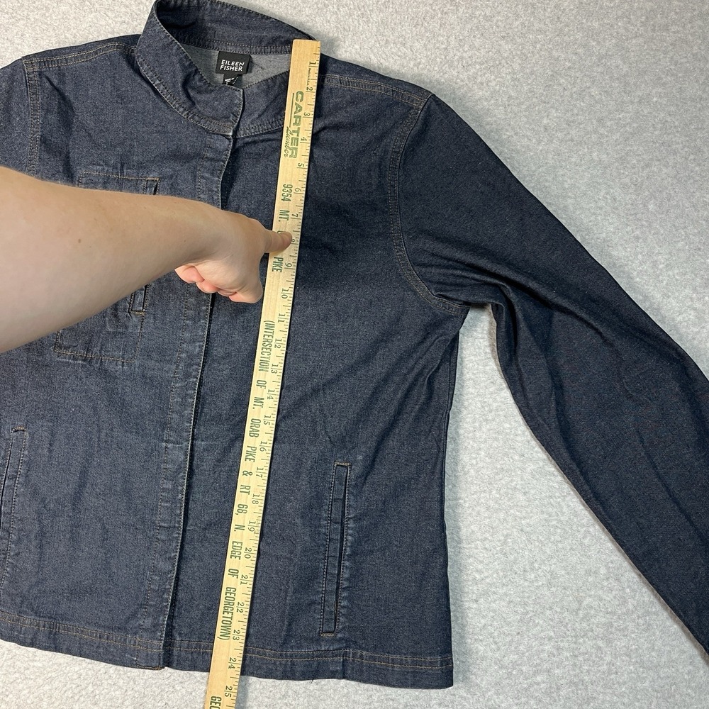 Eileen Fisher Jacket Womens Large Blue Denim Snap Mandarin Collar Dark Cotton - Picture 3 of 10